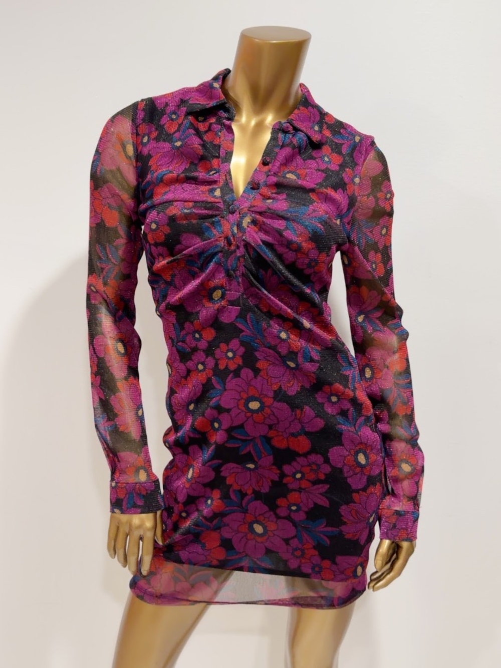 Forever 21 Women's Floral Mesh Print  Long Sleeve Shirt Mini Dress Size M